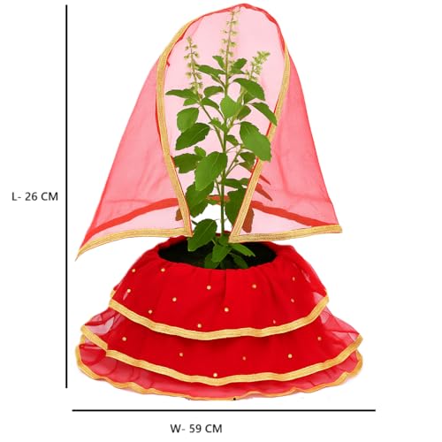 Vrindavanstore.in Tulsi Vivah Special Red Poshak Set | Net Fabric with Golden Border & Dupatta | Decorative Dress for Tulsi Mata Pot – Ideal for Kartik Month & Daily Puja - Image 2