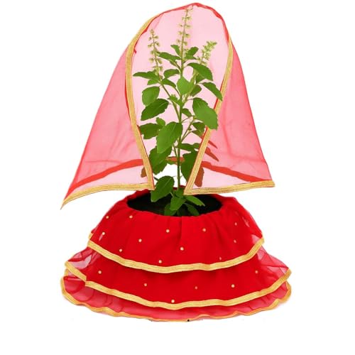 Vrindavanstore.in Tulsi Vivah Special Red Poshak Set | Net Fabric with Golden Border & Dupatta | Decorative Dress for Tulsi Mata Pot – Ideal for Kartik Month & Daily Puja - Image 1