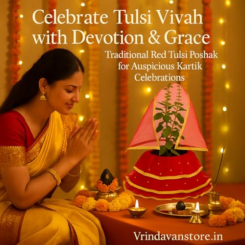 Vrindavanstore.in Tulsi Vivah Special Red Poshak Set | Net Fabric with Golden Border & Dupatta | Decorative Dress for Tulsi Mata Pot – Ideal for Kartik Month & Daily Puja - Image 4