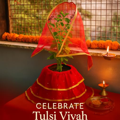 Vrindavanstore.in Tulsi Vivah Special Red Poshak Set | Net Fabric with Golden Border & Dupatta | Decorative Dress for Tulsi Mata Pot – Ideal for Kartik Month & Daily Puja - Image 5