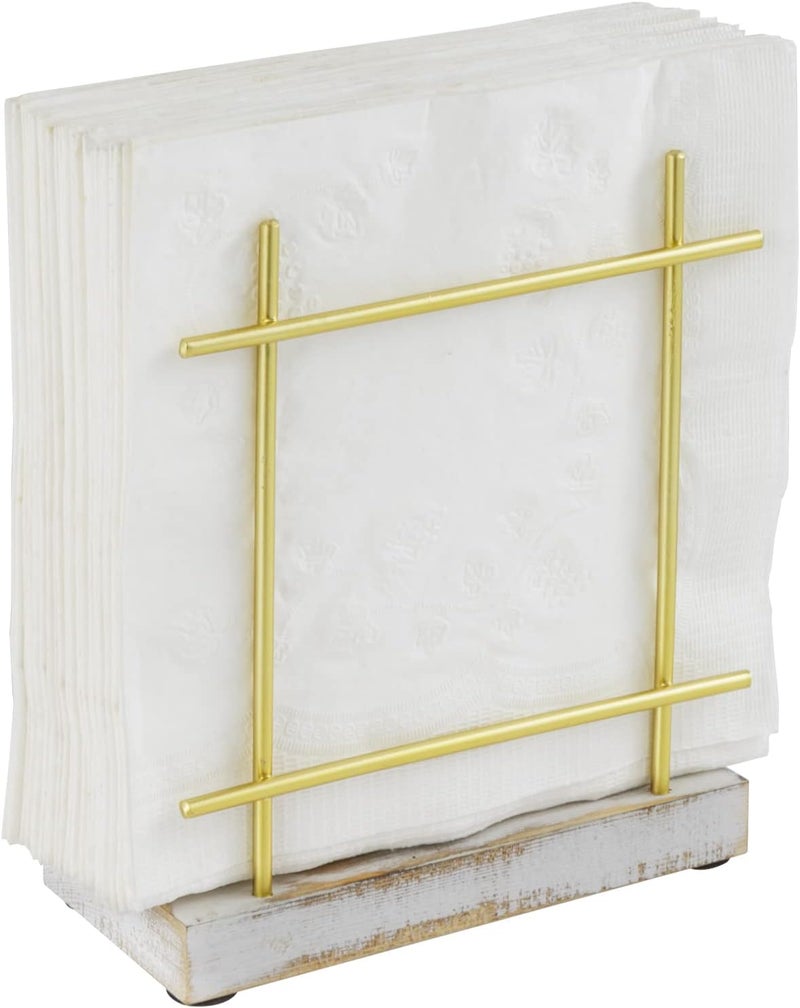 MyGift Metal Napkin Holder with Shabby Whitewashed Solid Wood Base Dining Table Square Napkin and Cocktail Serviette Dispenser Rack Kitchen and Dining Accessories - Image 1