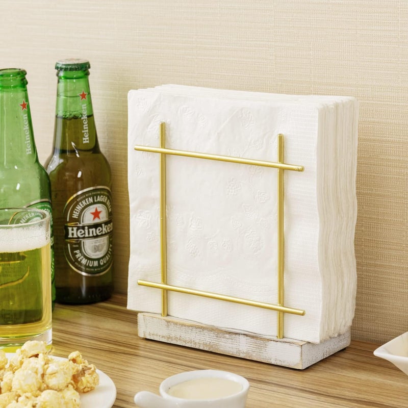 MyGift Metal Napkin Holder with Shabby Whitewashed Solid Wood Base Dining Table Square Napkin and Cocktail Serviette Dispenser Rack Kitchen and Dining Accessories - Image 2