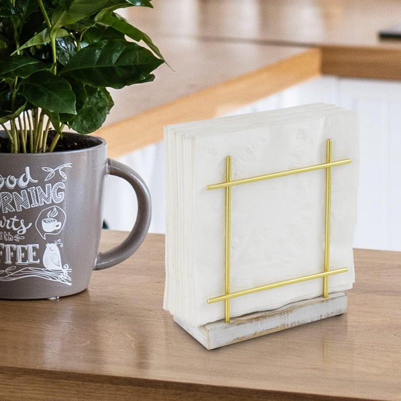 MyGift Metal Napkin Holder with Shabby Whitewashed Solid Wood Base Dining Table Square Napkin and Cocktail Serviette Dispenser Rack Kitchen and Dining Accessories - Image 3