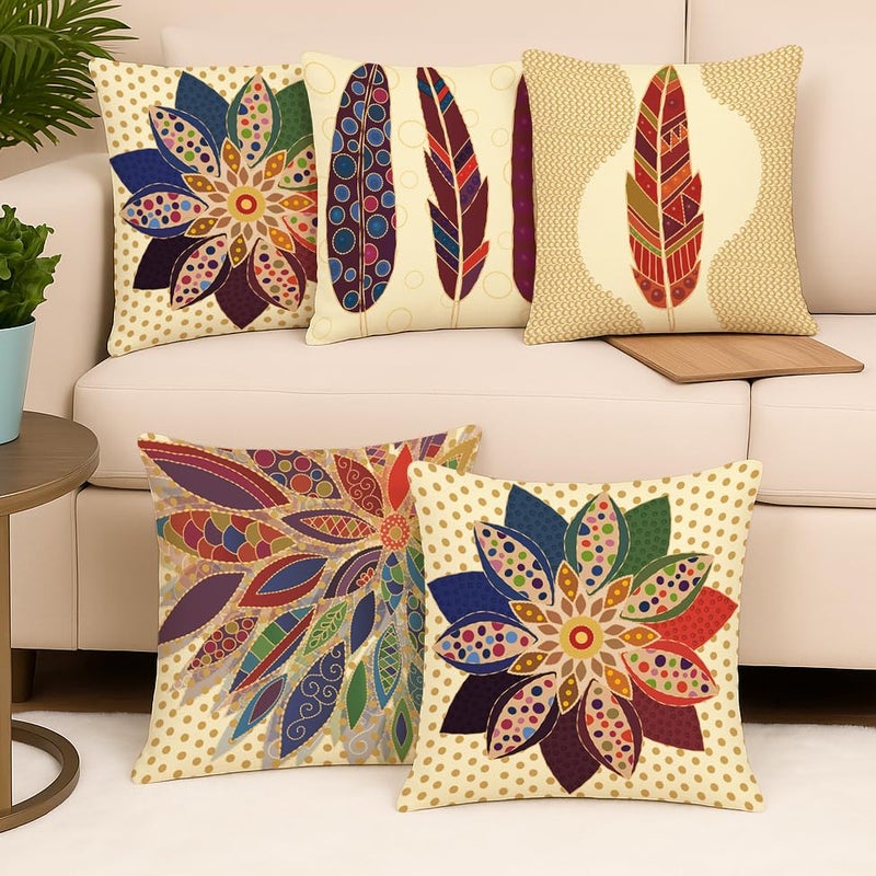 BRICK HOME Set of 5 Polycotton Printed Cushion Covers 12x12 Inches | Feather & Floral Mandala Design | Multicolor Decorative Pillow Covers | Soft Fabric Cushion Covers for Sofa, Couch & Living Room - Image 2