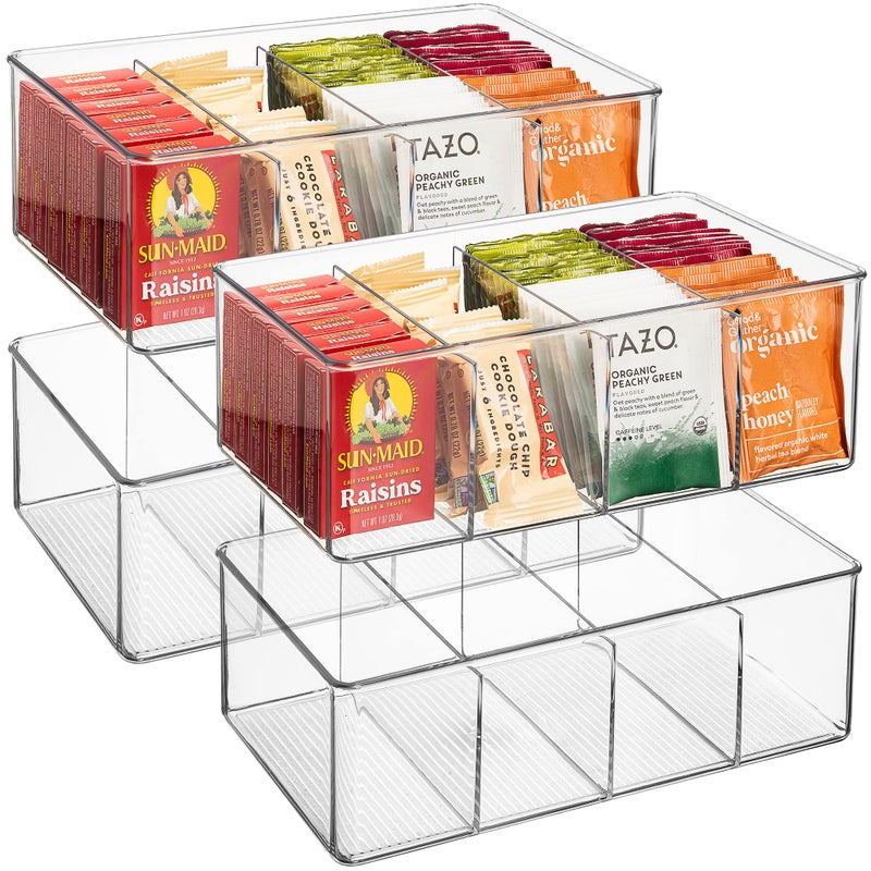 Sorbus Storage Bins with Dividers  Clear Plastic Organizer  Store Tea Bags Spices Seasonings Drink Packets Oatmeal  Snack Storage  Display Containers for Kitchen  Pantry 4 Pack