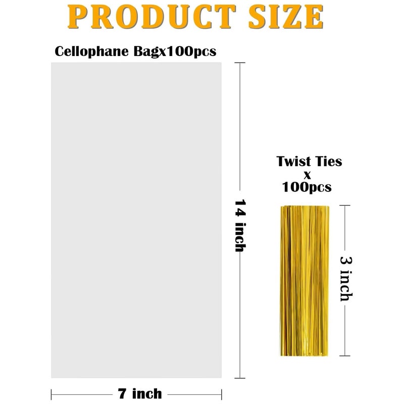 Labeol 100pcs Cellophane Bags 7X14 Popcorn Bags Treat Bag with Ties Goodie Clear Gift Bag for Packaging Party Favor Cookie Candy Bakery Plastic Cellophane Wrap - Image 3