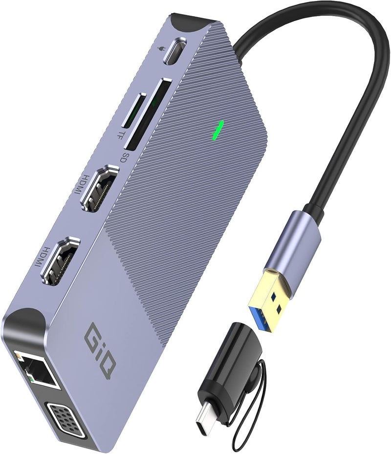 Giq USB Docking Station USB C HUB USB 3.0 to Dual HDMI VGA Adapter Triple Display USB C Laptop Docking Station Dual Monitor HDMI Splitter Extender Compatible with MacBook M1 M2 M3 USB Dock-Grey - Image 1