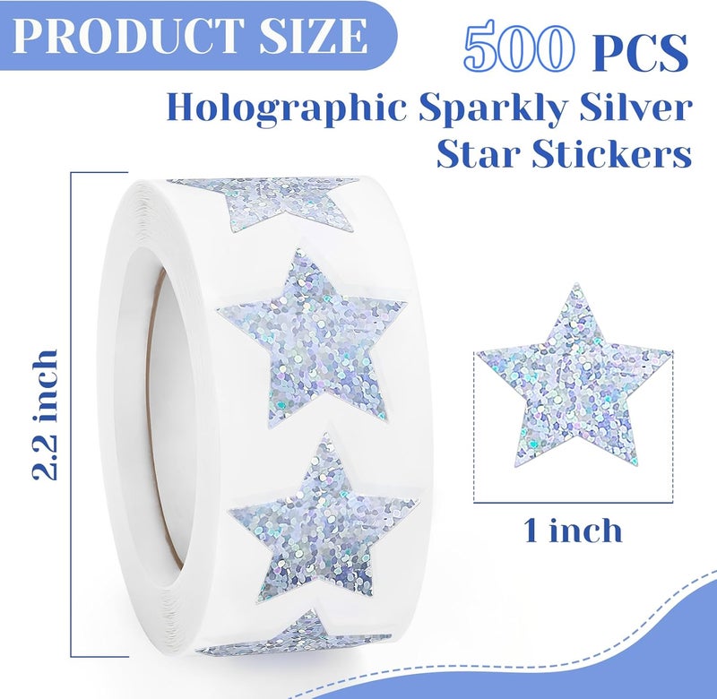 Imeepa 500 PCS Holographic Sparkly Silver Star Stickers, 1 inch Self Adhesive Metallic Glitter Foil Stickers Sparkly Star Stickers Reward Behavior Chart Labels for Kids Students Teachers Supplies - Image 2