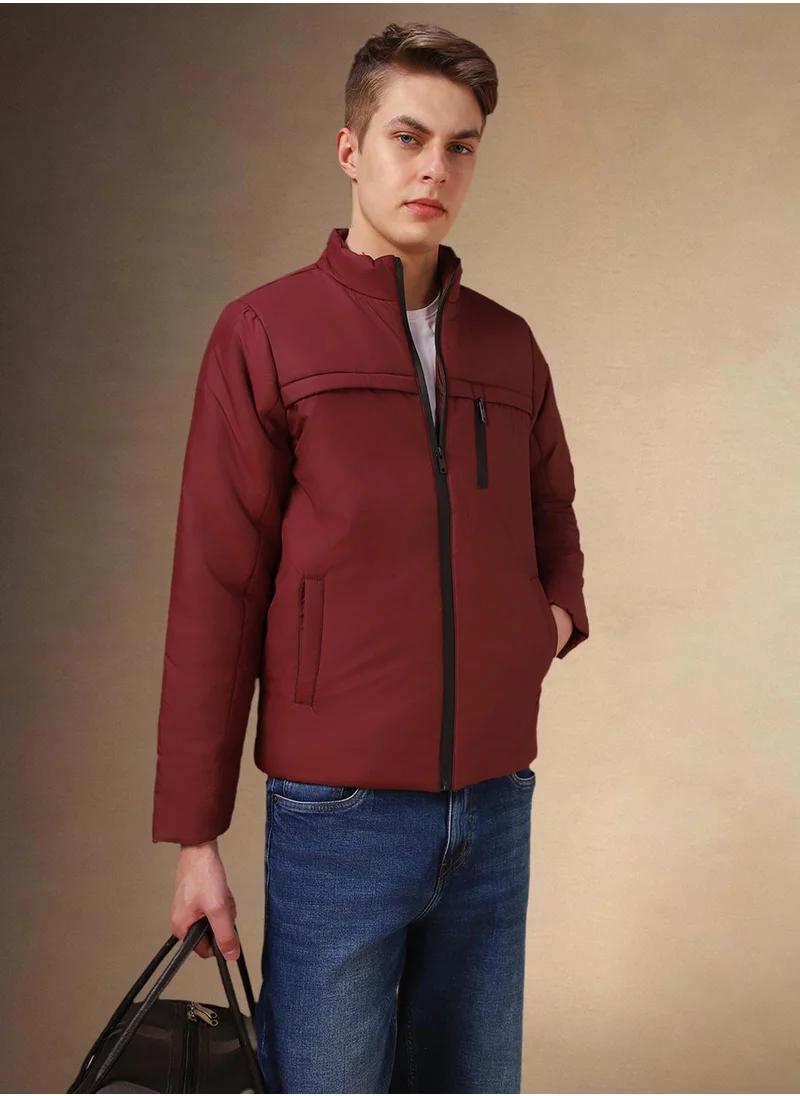 دينيس لينغو Men's Maroon 100% Polyester Solid Regular Fit Jacket