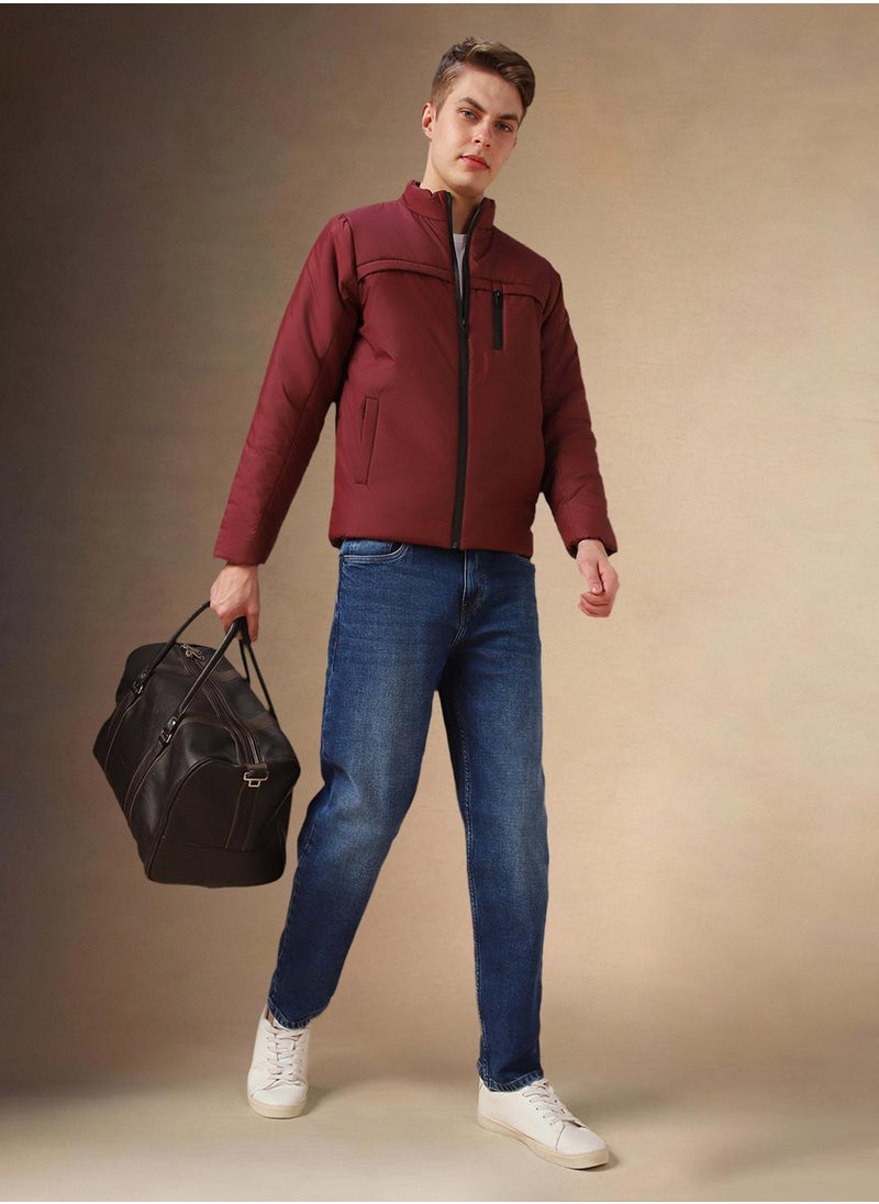 Men's Maroon 100% Polyester Solid Regular Fit Jacket