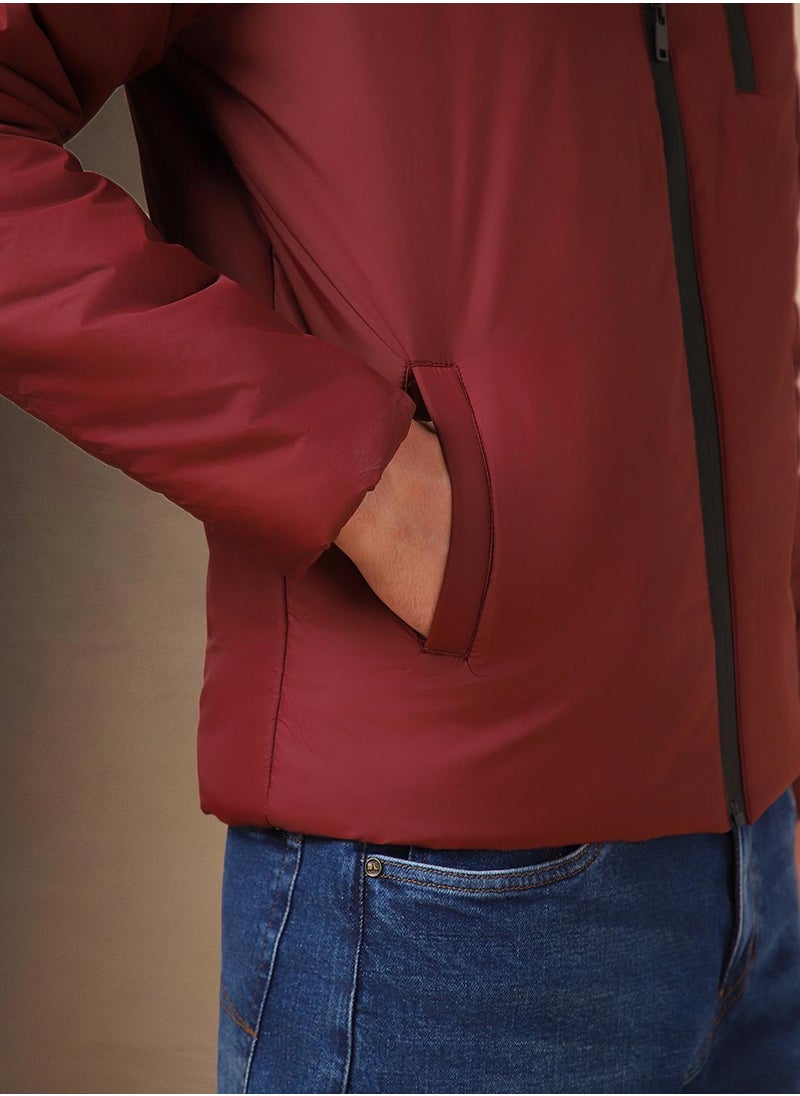 Men's Maroon 100% Polyester Solid Regular Fit Jacket