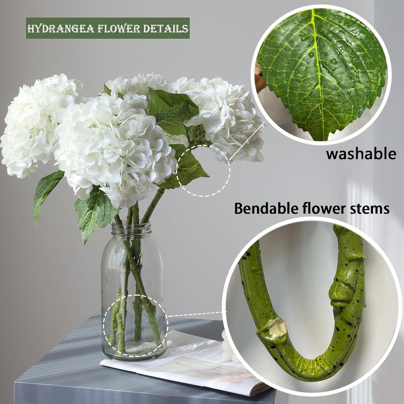Buart 3PCS Long Stem Big Size Flowers Artificial Silk Hydrangea Lifelike Flowers Real Touch White Artificial Flowers Wedding Shower Bride Bouquets Office Living Room Table Decorations (21 Inch) - Image 3