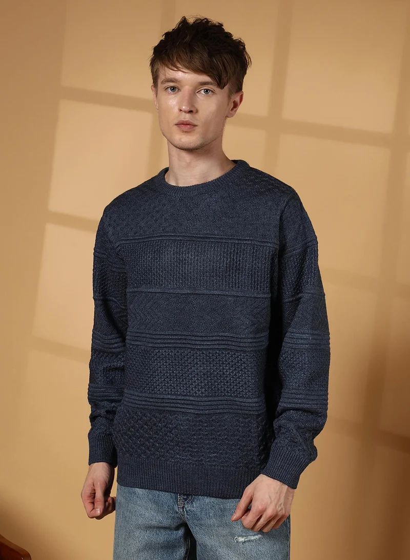 Campus Sutra Men's Prussian Blue Textured-Knit Pullover Sweater