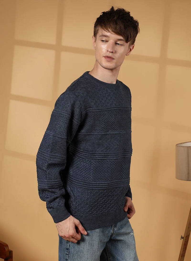 CAHOOT  Men's Prussian Blue Textured-Knit Pullover Sweater for Men | Best Price UAE