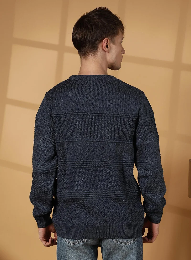 CAHOOT  Men's Prussian Blue Textured-Knit Pullover Sweater for Men | Best Price UAE