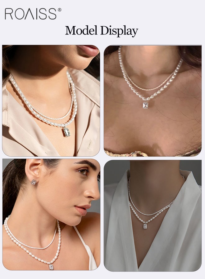 رويس مجموعة مجوهرات مكونة من 3 قطع من عقد اللؤلؤ والأقراط للنساء، عقد عتيق مزدوج الطبقات من الخرز، أقراط غير منتظمة الشكل، بسيطة ومتعددة الاستخدامات، أنيقة وعصرية - Image 2