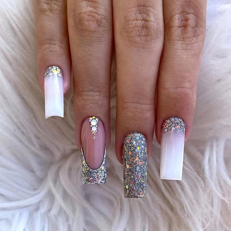JUSTOTRY 24 Pcs Fake Nails Jewels LongPink French Press on Nails Patterns Pretty Glitter Ballerina Stick on Nail for Women Acrylic Coffin False Nail Medium for Nail Art
