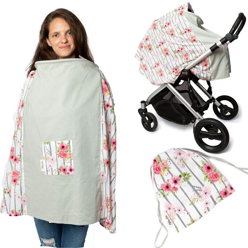 MILKY CHIC smart products for chic moms Nursing and Breastfeeding Poncho Patent Pending 360 Full Coverage Wired Nursing Cover and Apron Breathable Soft Cotton Carseat Stroller Canopy Multifunctional Baby Shower Gifts Pink Floral