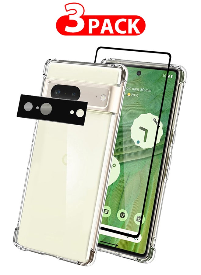 CATANES 3 Packs For Google Pixel 7 TPU Case and Screen Protector and Camera Lens Protector Clear Anti-Yellowing Transparent Shockproof Protective Phone Case Scratch Resistant Reinforced Corners Cover - Image 1