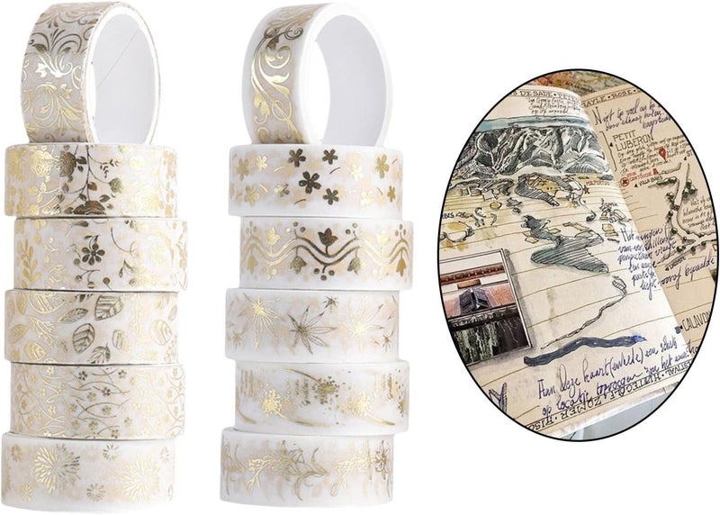 klarako 12 Rolls Sparkling Washi Tape Set 15mm Skinny Gold Foil Decorative Masking Washi Tapes for Jourl,Scrapbook, Planner, DIY Crafts - Image 3
