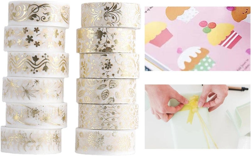 klarako 12 Rolls Sparkling Washi Tape Set 15mm Skinny Gold Foil Decorative Masking Washi Tapes for Jourl,Scrapbook, Planner, DIY Crafts - Image 4