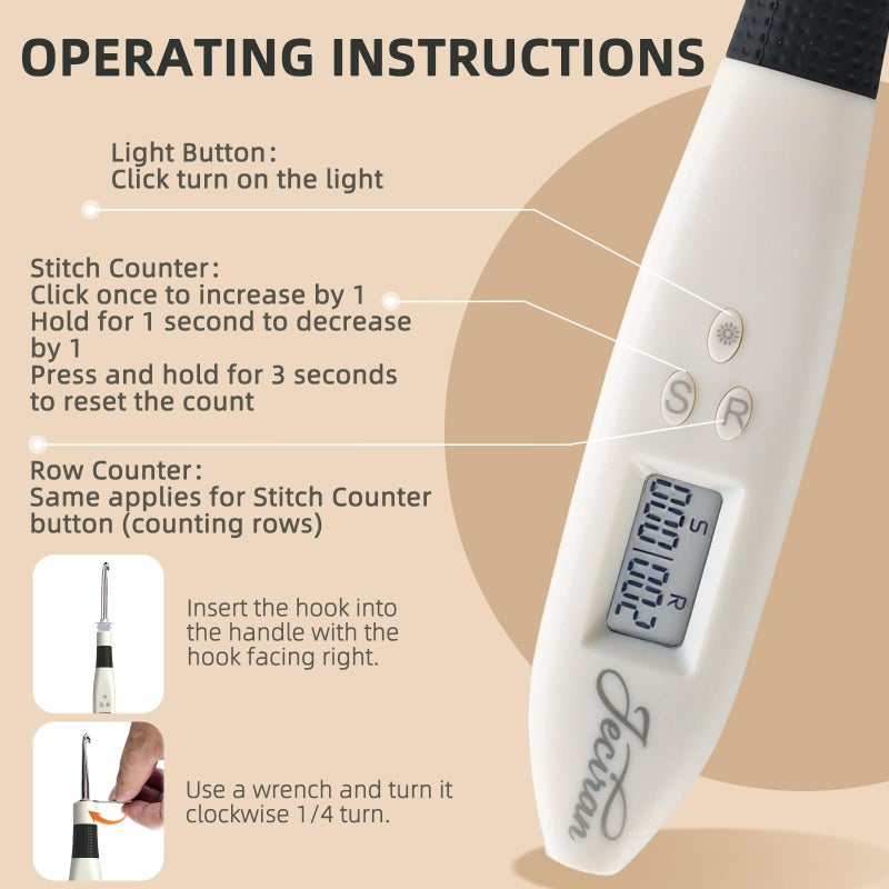 Jeciran 24 in 1 Light Up Crochet Hook Set,Lighted Crochet Hooks with Counter,Counting Crochet Hook for Stitch & Row Counter Micro Crochet Gifts with Case - Image 3