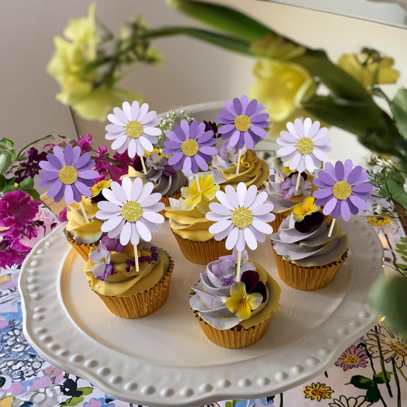 Ephlyn 24Pcs Purple Daisy Cupcake Toppers Flower Cake Toppers Daisy Cake Decorations Chrysanthemum Cupcake Toppers Spring Daisy Flower Cake Picks for Birthday Wedding Supplies - Image 5