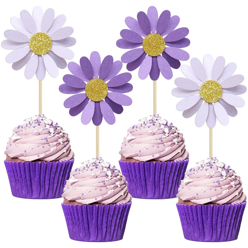 Ephlyn 24Pcs Purple Daisy Cupcake Toppers Flower Cake Toppers Daisy Cake Decorations Chrysanthemum Cupcake Toppers Spring Daisy Flower Cake Picks for Birthday Wedding Supplies - Image 1