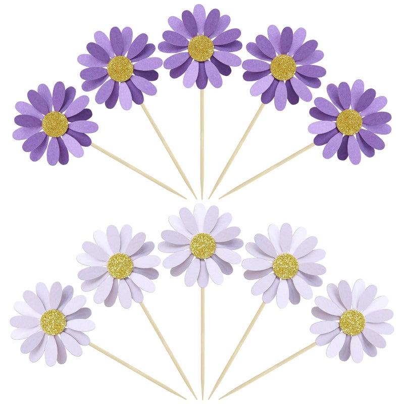 Ephlyn 24Pcs Purple Daisy Cupcake Toppers Flower Cake Toppers Daisy Cake Decorations Chrysanthemum Cupcake Toppers Spring Daisy Flower Cake Picks for Birthday Wedding Supplies - Image 3