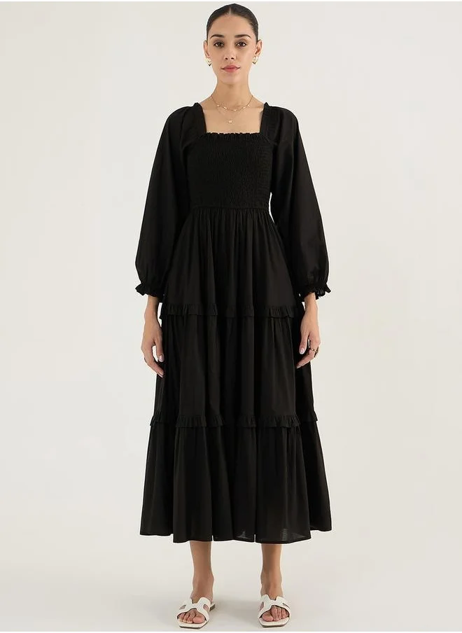 فيميلا Balloon Sleeve Cotton Maxi Dress with Smocked Detail