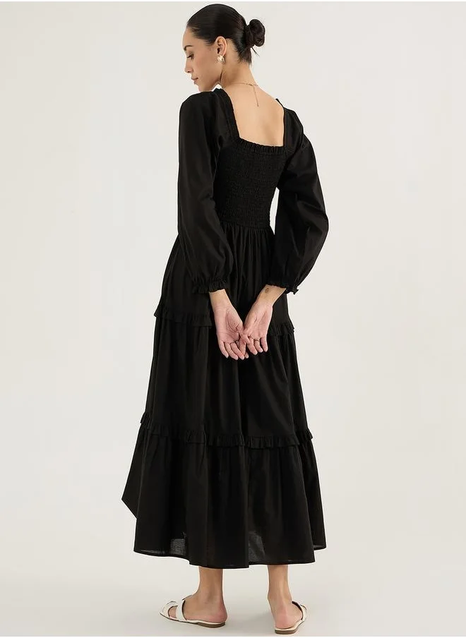 فيميلا Balloon Sleeve Cotton Maxi Dress with Smocked Detail