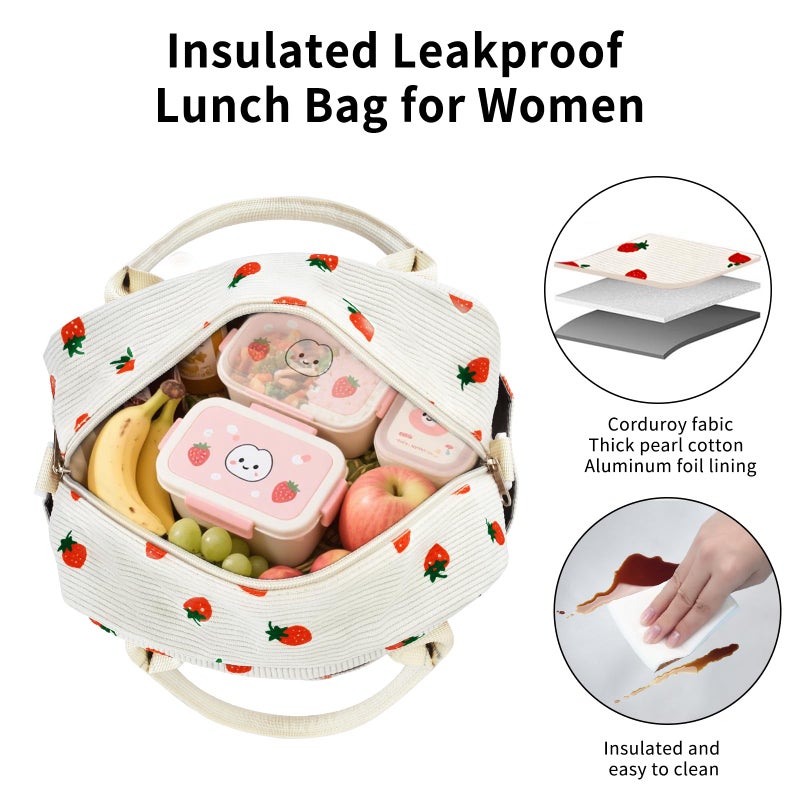 OYLOLA Lunch Bag Women Lunch Box for Women Adult Cute Insulated Lunch Bag Lager Cooler Lunch Tote Bags for Work Picnic (Beige-Strawberry) - Image 5