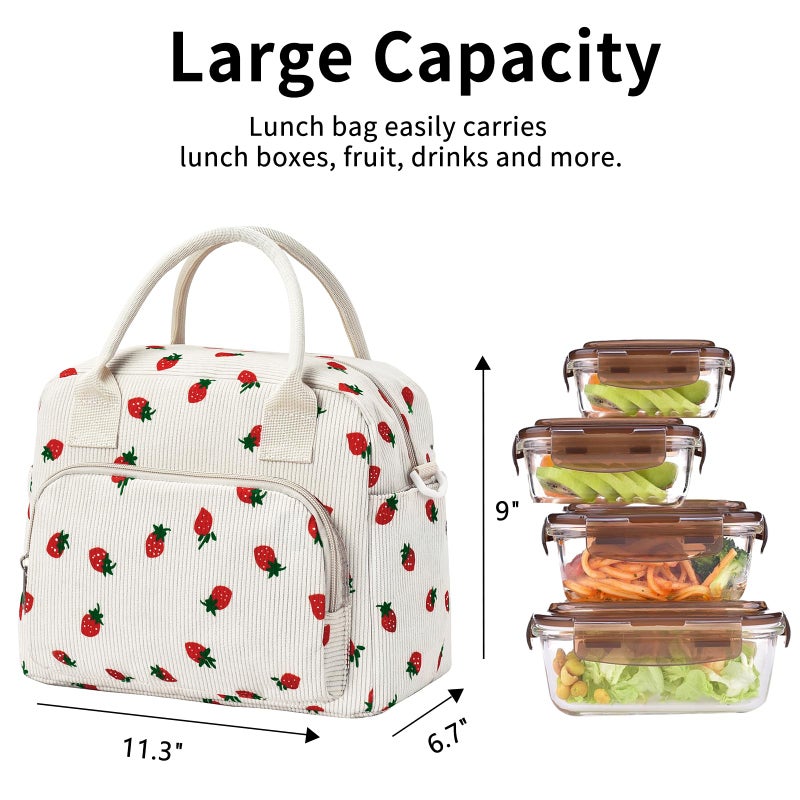 OYLOLA Lunch Bag Women Lunch Box for Women Adult Cute Insulated Lunch Bag Lager Cooler Lunch Tote Bags for Work Picnic (Beige-Strawberry) - Image 3