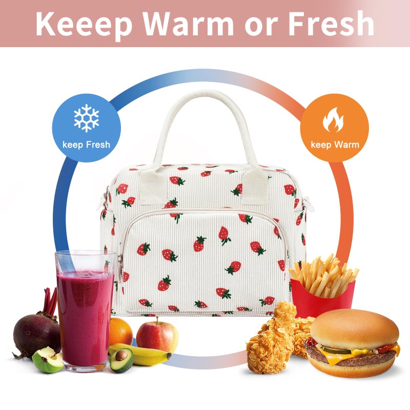 OYLOLA Lunch Bag Women Lunch Box for Women Adult Cute Insulated Lunch Bag Lager Cooler Lunch Tote Bags for Work Picnic (Beige-Strawberry) - Image 4