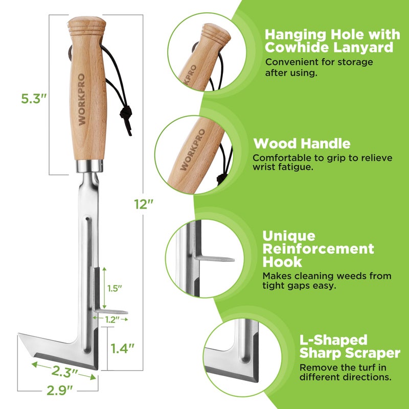 WORKPRO Crack Weeder, 12" Stainless Steel Crevice Weeding Tool with Beech Wood Handle, L-Shaped Side-Walk Weed Puller Spatula, for Garden Lawn Yard Patio Terrace Paving Moss, Small Gardening Tool - Image 2