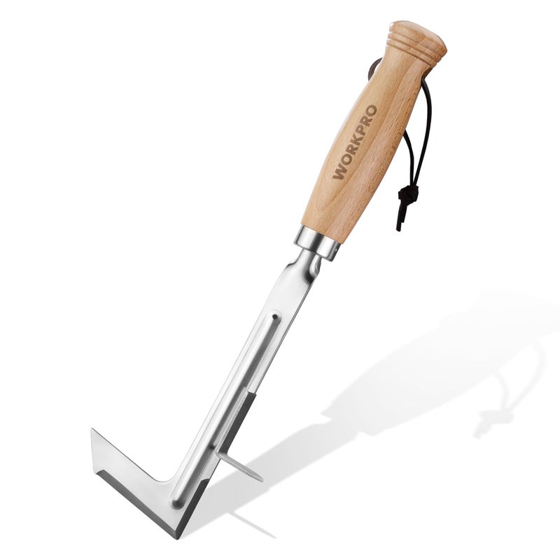 WORKPRO Crack Weeder, 12" Stainless Steel Crevice Weeding Tool with Beech Wood Handle, L-Shaped Side-Walk Weed Puller Spatula, for Garden Lawn Yard Patio Terrace Paving Moss, Small Gardening Tool - Image 1