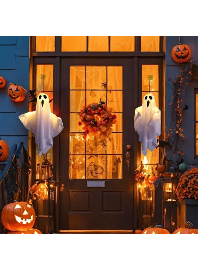 فانوس الهالويين الأبيض الشبح بإضاءة LED يعمل بالبطارية، ذو ذراع قابل للتعديل للتعليق كزينة - Image 2