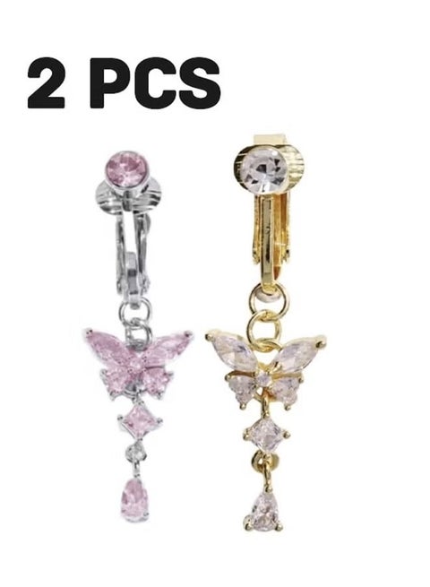 2PCS Fake Piercing Belly Button Ring with Pink Butterfly Design for Women Jewelry Copper Jewelry