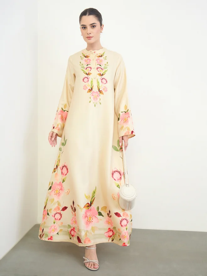 Amirah Off-White Floral Print Jalabiya
