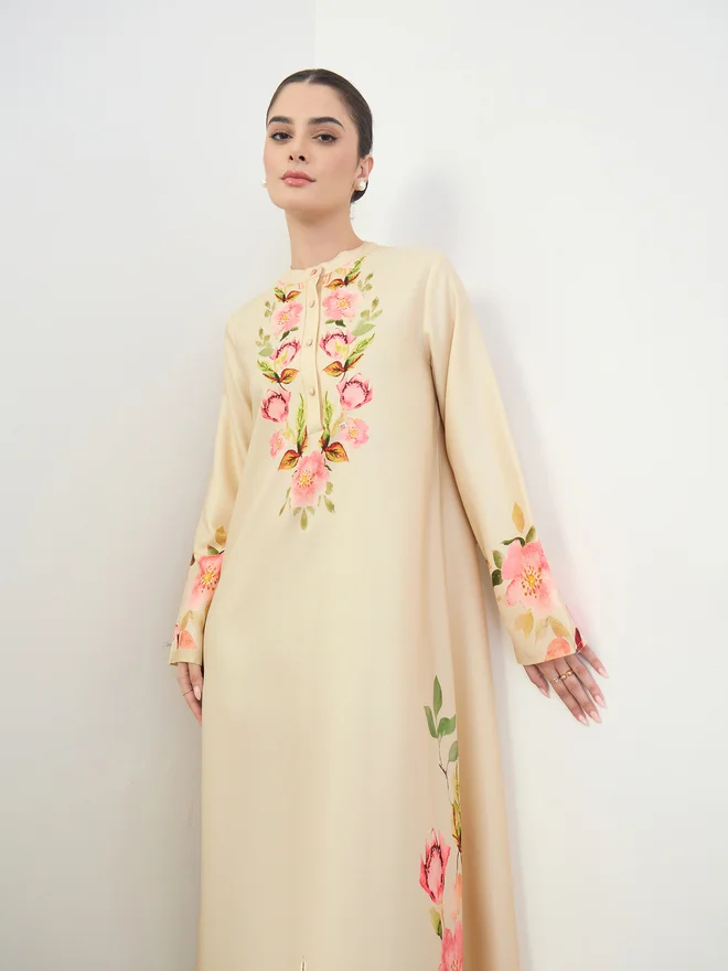 Amirah Off-White Floral Print Jalabiya