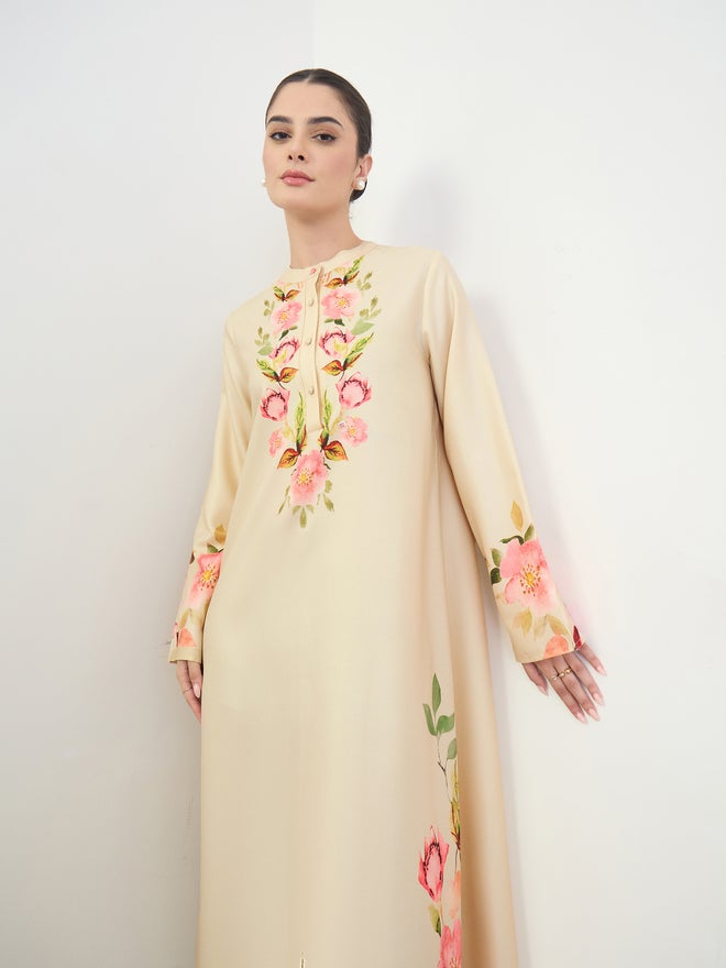 Amirah Off-White Floral Print Jalabiya - Image 1