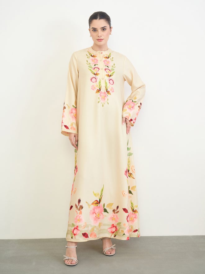 Amirah Off-White Floral Print Jalabiya - Image 3