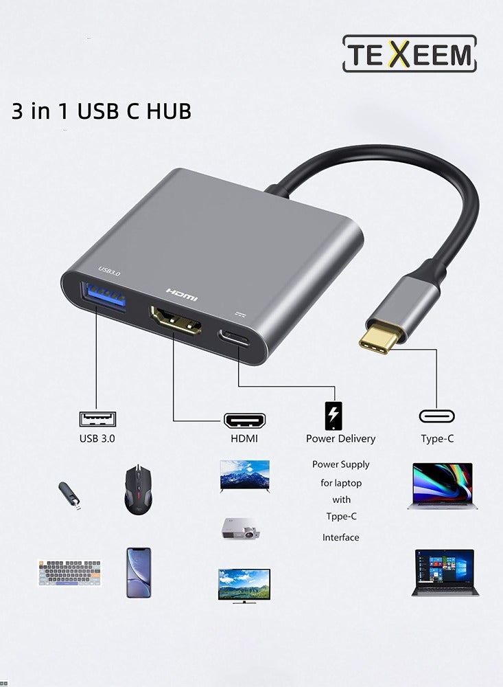 TEXEEM 3-in-1 USB-C Hub Adapter, Silver Aluminium, with HDMI 4K 30Hz, USB 3.0 Port, 100W Power Delivery, Compatible with Laptops, Tablets, Monitors - Image 3