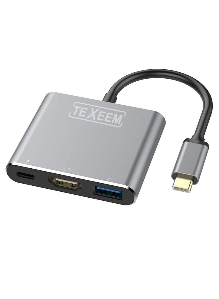 TEXEEM 3-in-1 USB-C Hub Adapter, Silver Aluminium, with HDMI 4K 30Hz, USB 3.0 Port, 100W Power Delivery, Compatible with Laptops, Tablets, Monitors - Image 1