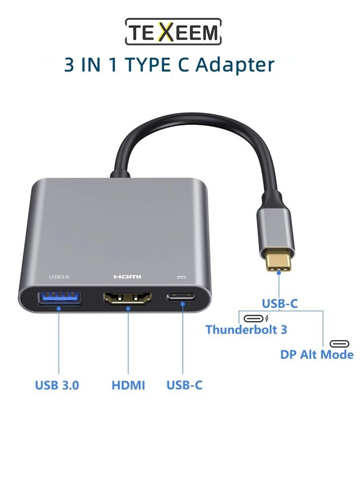 TEXEEM 3-in-1 USB-C Hub Adapter, Silver Aluminium, with HDMI 4K 30Hz, USB 3.0 Port, 100W Power Delivery, Compatible with Laptops, Tablets, Monitors - Image 2