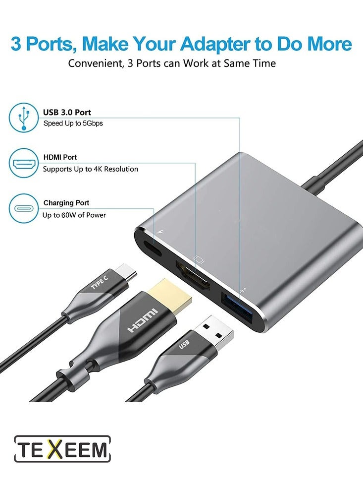 TEXEEM 3-in-1 USB-C Hub Adapter, Silver Aluminium, with HDMI 4K 30Hz, USB 3.0 Port, 100W Power Delivery, Compatible with Laptops, Tablets, Monitors - Image 4