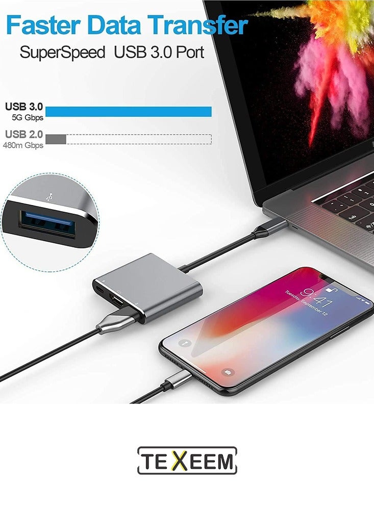 TEXEEM 3-in-1 USB-C Hub Adapter, Silver Aluminium, with HDMI 4K 30Hz, USB 3.0 Port, 100W Power Delivery, Compatible with Laptops, Tablets, Monitors - Image 5