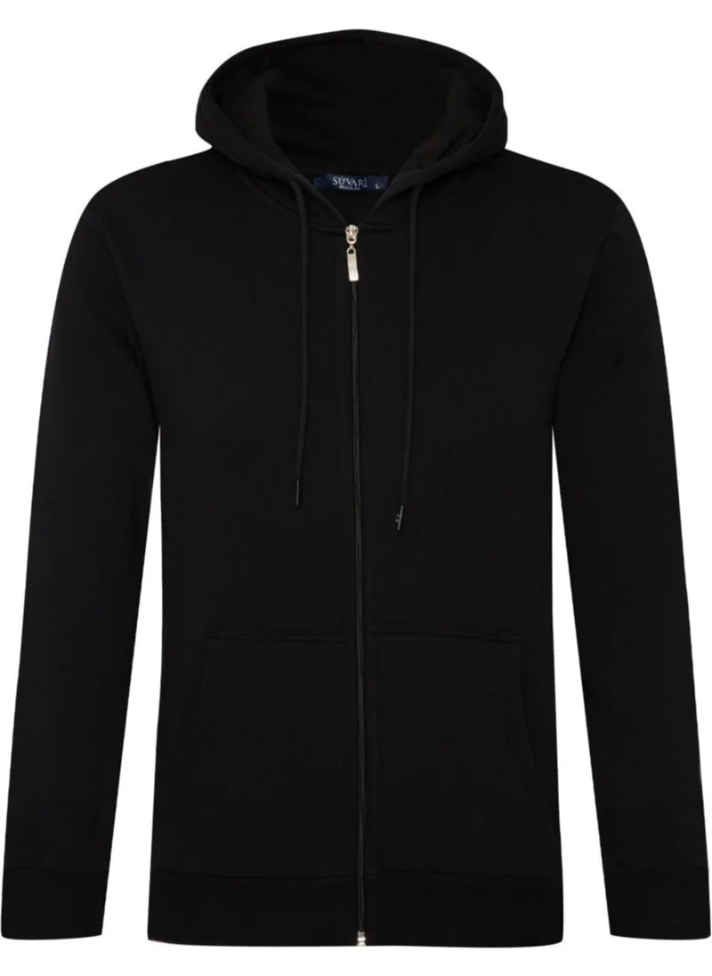 Süvari 3 Thread Hooded Zippered Black Sweat Cardigan