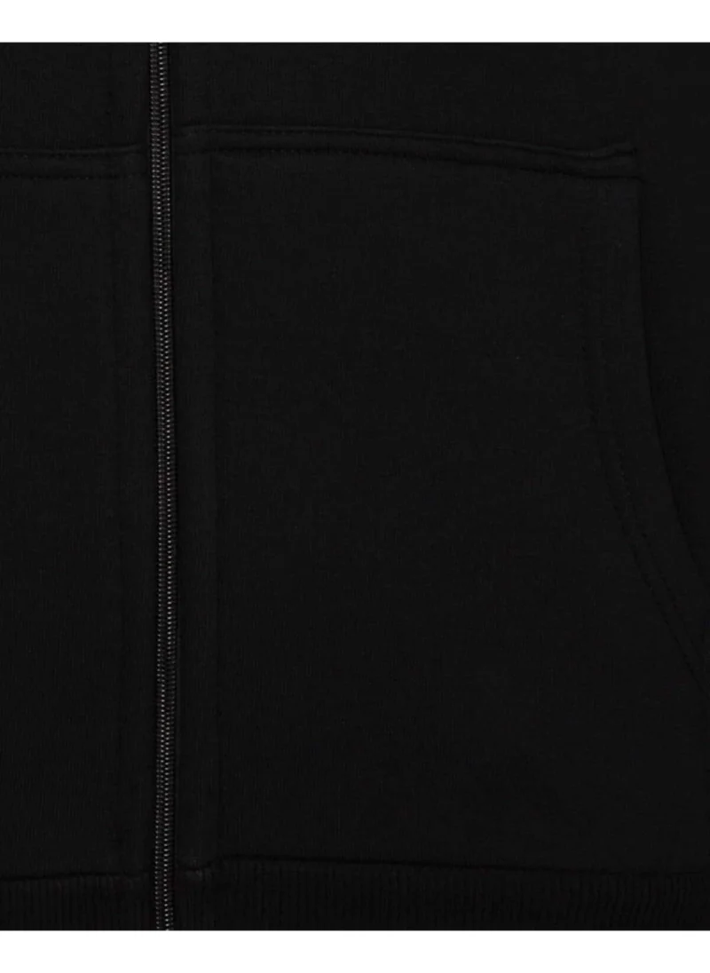 Süvari 3 Thread Hooded Zippered Black Sweat Cardigan