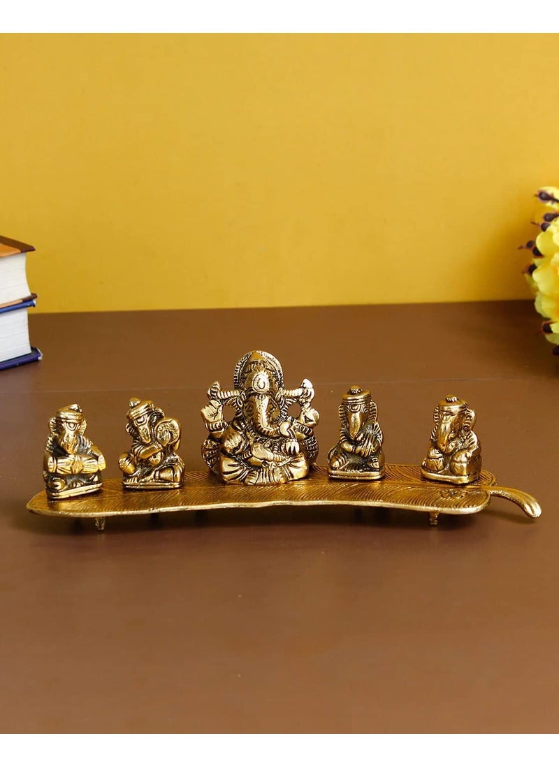 Stotram Stotram Metal Brass Musical Instrumental Lord Ganesh on Banana Leaf Handicraft Idol Gift Item Set of 5 Ganeshas Playing Divine Music  - Image 2